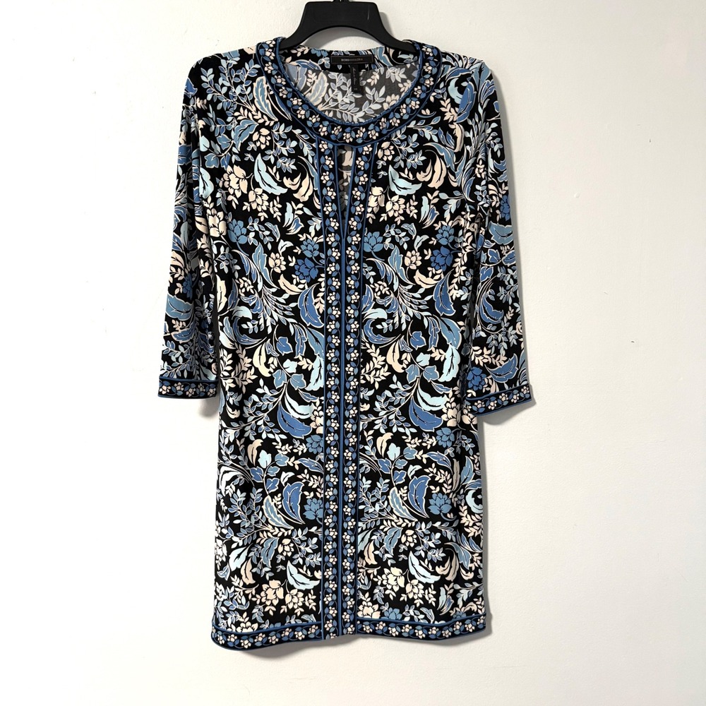 BCBGMAXAZRIA Blue Floral Keyhole Shift Dress XS‎ Black 3/4 Sleeve Jersey Knit
